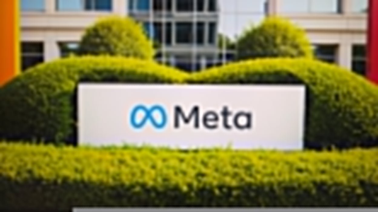 Meta company sign in front of the headquarters building in Menlo Park, California