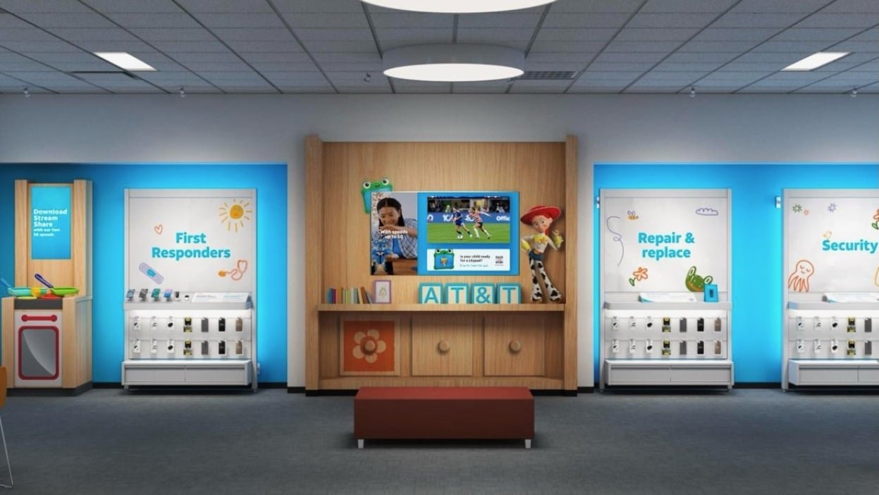 rendering of at&t stores with toy story 5-themed motifs and products