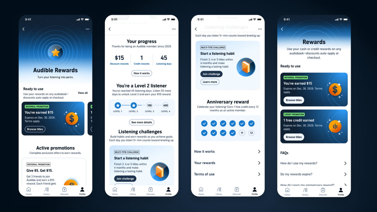 Shots of the Audible Rewards platform