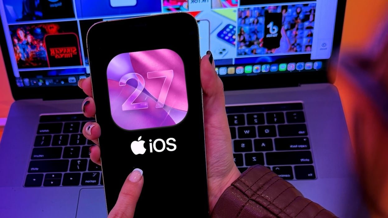 Apple iOS 27 logo on iPhone 17 Pro screen in person