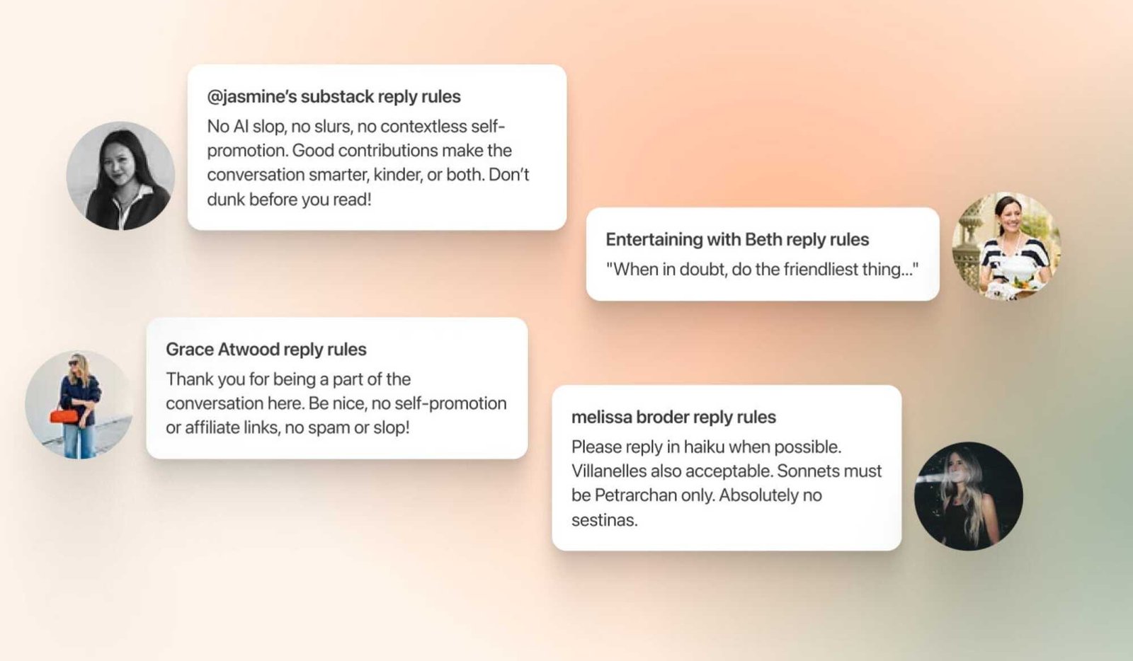 Some examples of Substack Reply Rules, including "no AI slop"