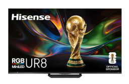 Hisense UR8 TV with colorful screensaver featuring trophy
